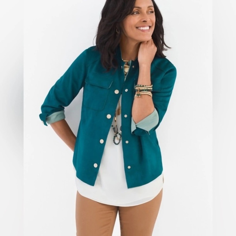Chico's Teal Button-Front Suede Jacket